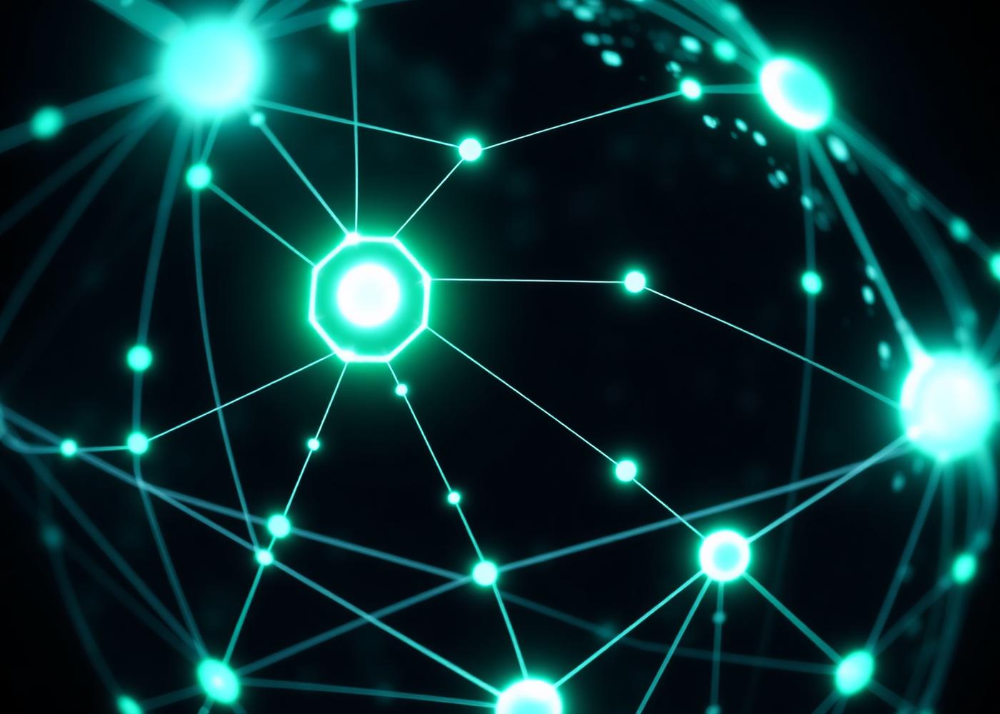 Glowing green network of connected nodes forming a globe