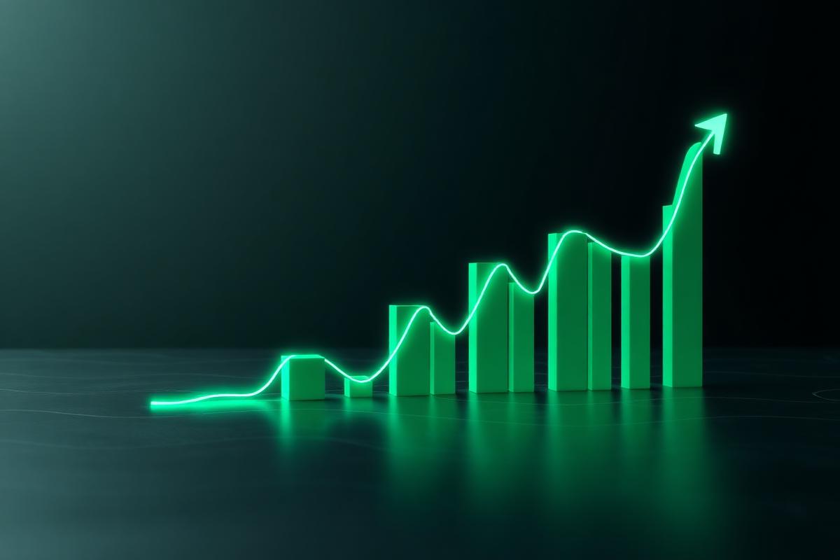 Glowing green growth chart rising across a dark surface