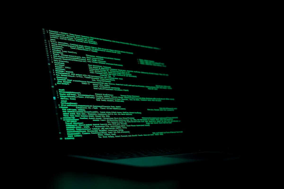 Emerald code on a laptop screen in a dark engineering workspace